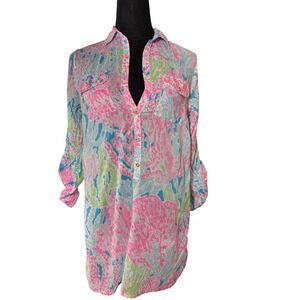 Lilly Pulitzer XS Tunic Top Shirt Dress Gold Button Pink‎ Blue Coral Captivia